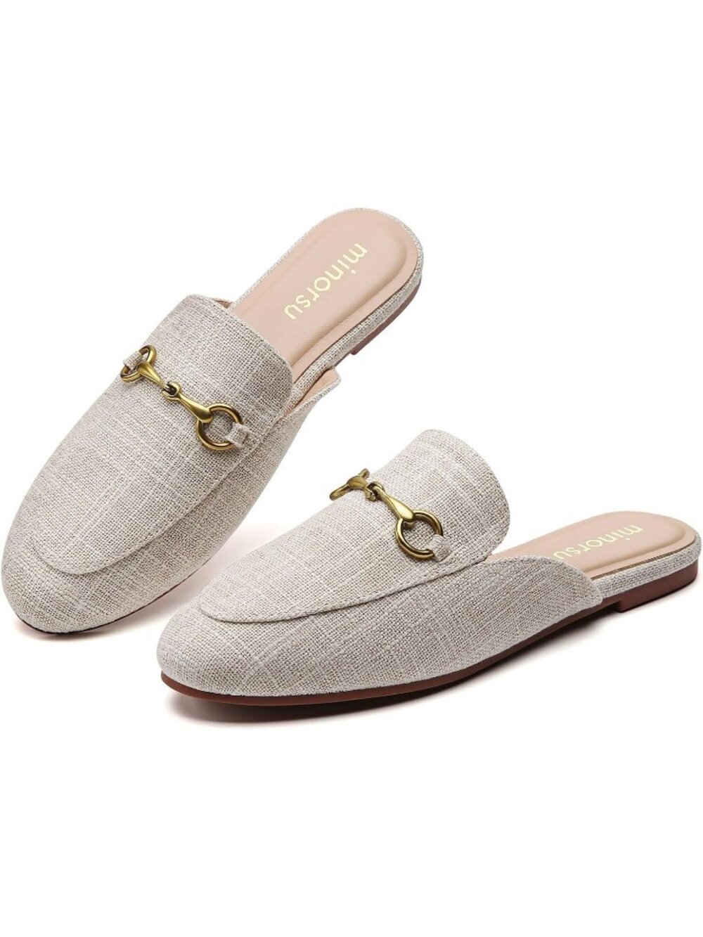 Women's Beige Slip on Round Toe Backless Slides Casual Buckle Flat Loafers Shoes